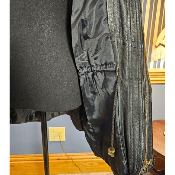 Vintage Comint Black Heavyweight Polyfill Hooded Leather Coat Drawstring Waist L - Picture 8 of 8